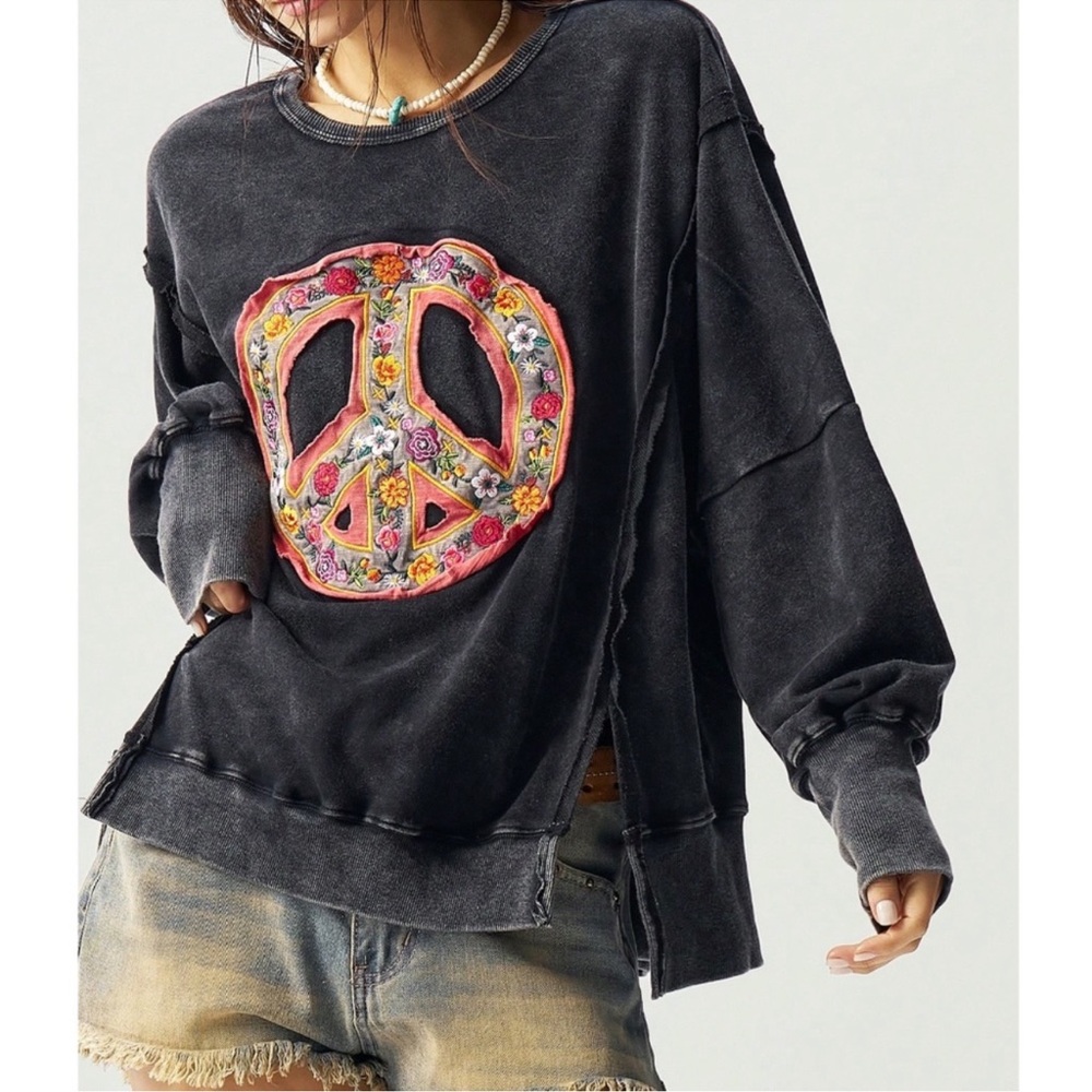 Cozy Mineral Wash Floral Embroidered Peace Patch Oversized Top S M L